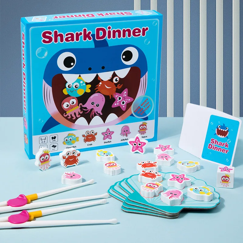 New Products Children Wooden Educational Toy Toddler Chopsticks Learning Shark Dinner Game Sea Fish Cognitive Kids Wooden Toys