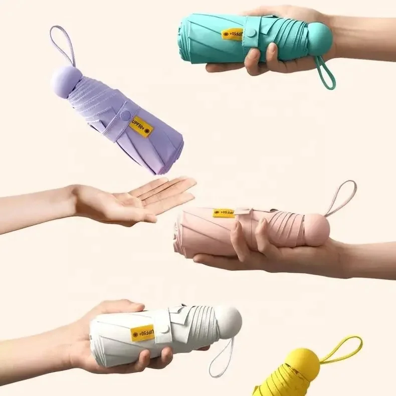 Portable Mini Five Folded Umbrella Capsule Manual Compact Custom Logo UV Protection Sun Rain Pocket Folding Umbrella With Case