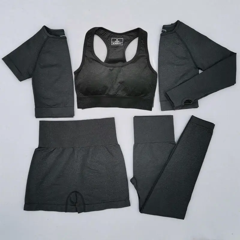 5PCS Seamless Gym Clothing Yoga Outfit Pants Sports Suit Women Workout Gym Fitness Sets Customized Logo Printing Spandex / Nylon