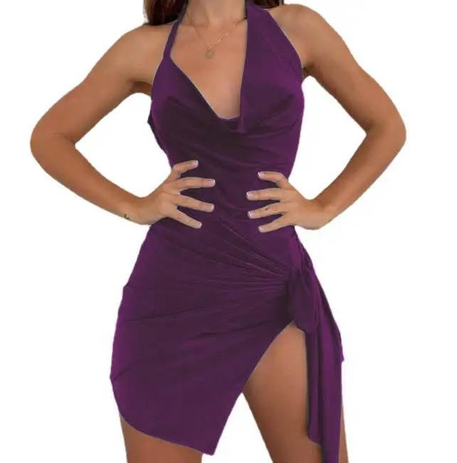 2022 new arrivals New Fashion Dresses Sleeveless Halter Solid Color Side Split Bodycon Mini Dress Women Sexy female clothes