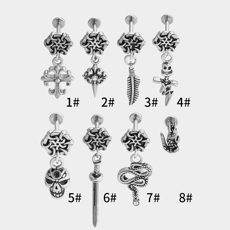 YW Stainless Steel Snake Flower Cross Dangle Pendant Labret Earrings Internal Thread Lip Piercing Jewelry Lip Studs