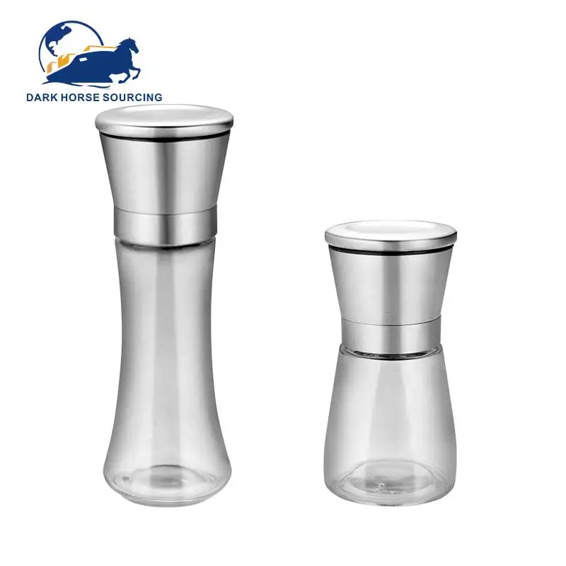 Best selling adjustable particle size 304 stainless steel manual spice grinder pepper mill glass bottle set