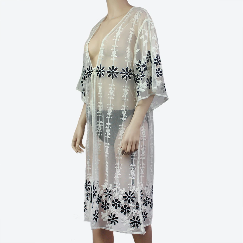 Hot Selling Plus Size Women Clothing Floral Hand Embroidered beachwear cover up Dress Deep-V Lace Embroidered Woman crochet coat