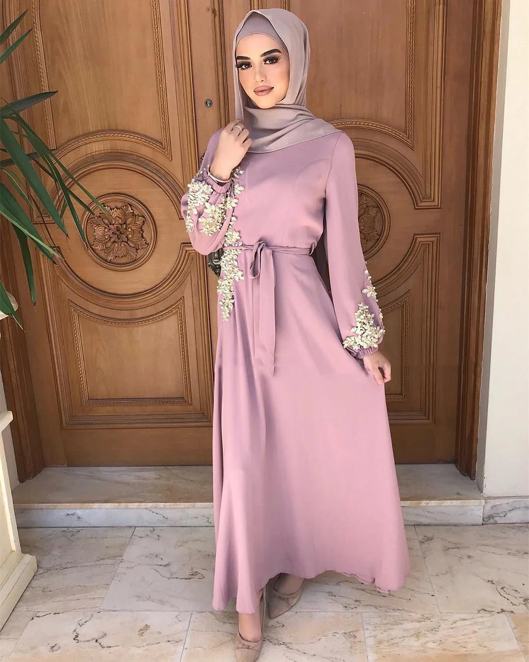 6 color Heavy Pearl Muslim Turkey Middle East Dress  chiffon abaya dress with embroidery and beading