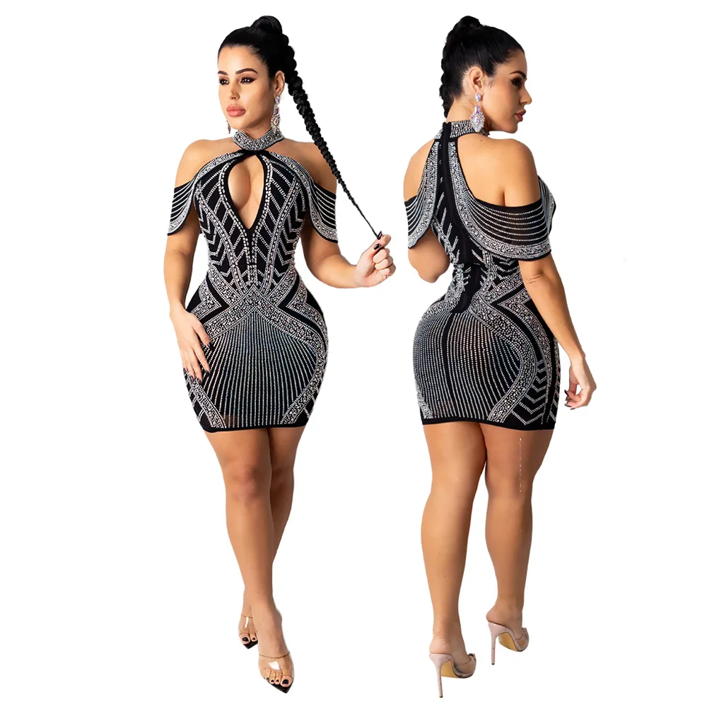 
High Quality Ladies Party Hot-Drilling Diamond Pearl Beaded Dresses Women Sexy&Club See-through Evening Dress Clothing 2021 