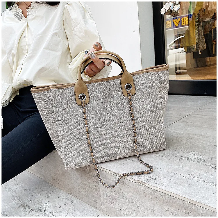 2021 China Factory Manufacturer Promotional New Designer Style Women Large Capacity Fashion Custom Logo Chain Canvas Tote Bag