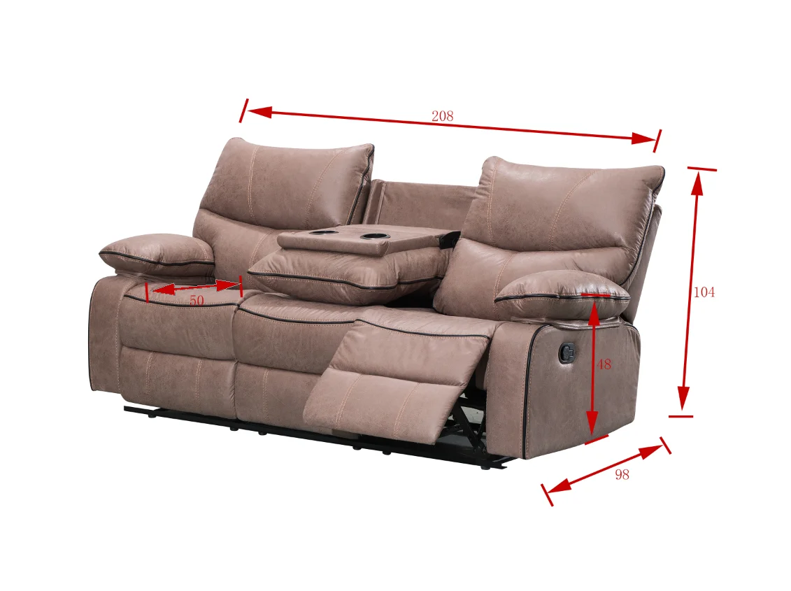 CY Palomino Fabric Recliner Chair Loveseat with Cup Holder 3 Seater Recliner Sofa with Drop Down Table