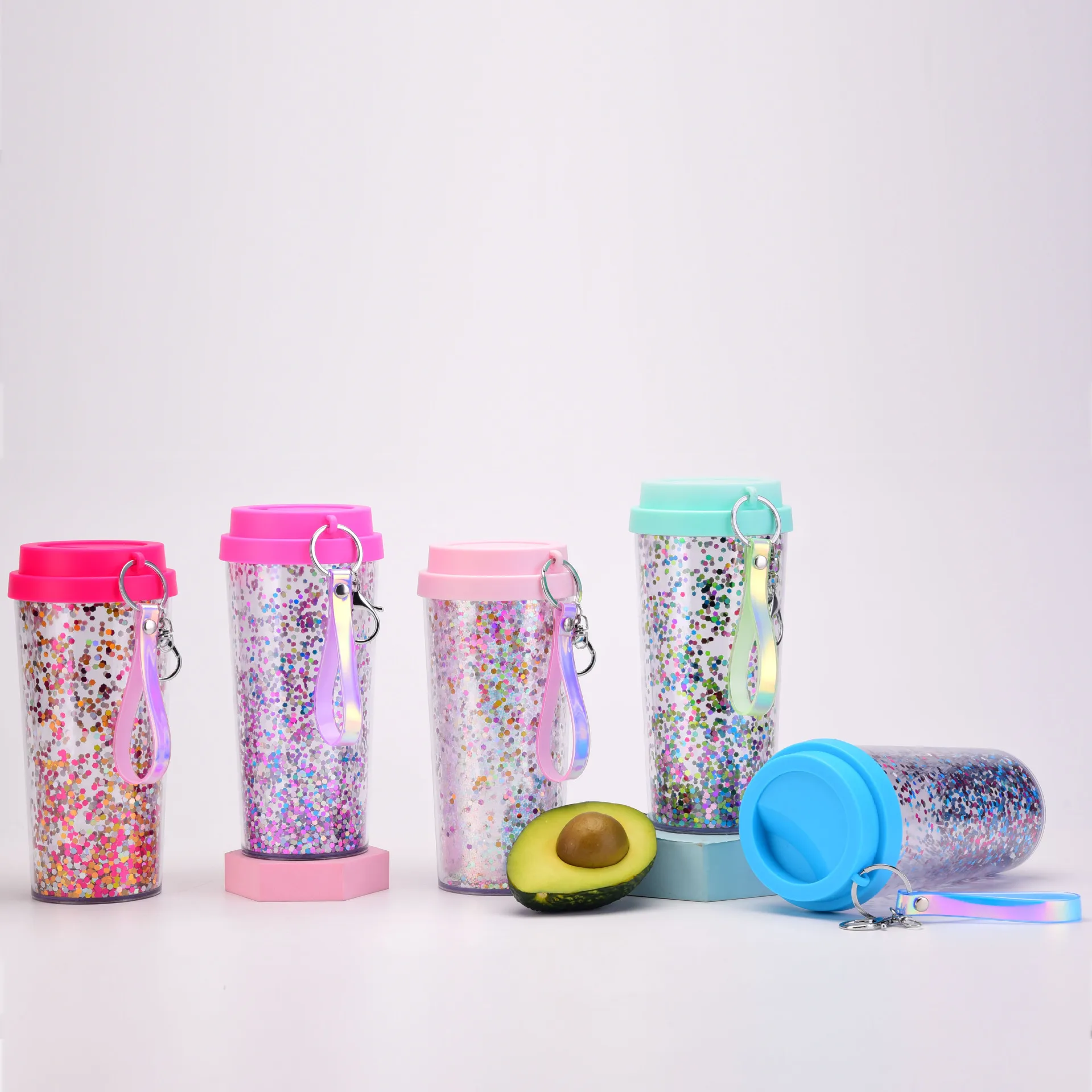 2024 New Double layer Plastic Cup Creative Cartoon Cute Avocado Cup Pendant Portable Outdoor Travel Cup