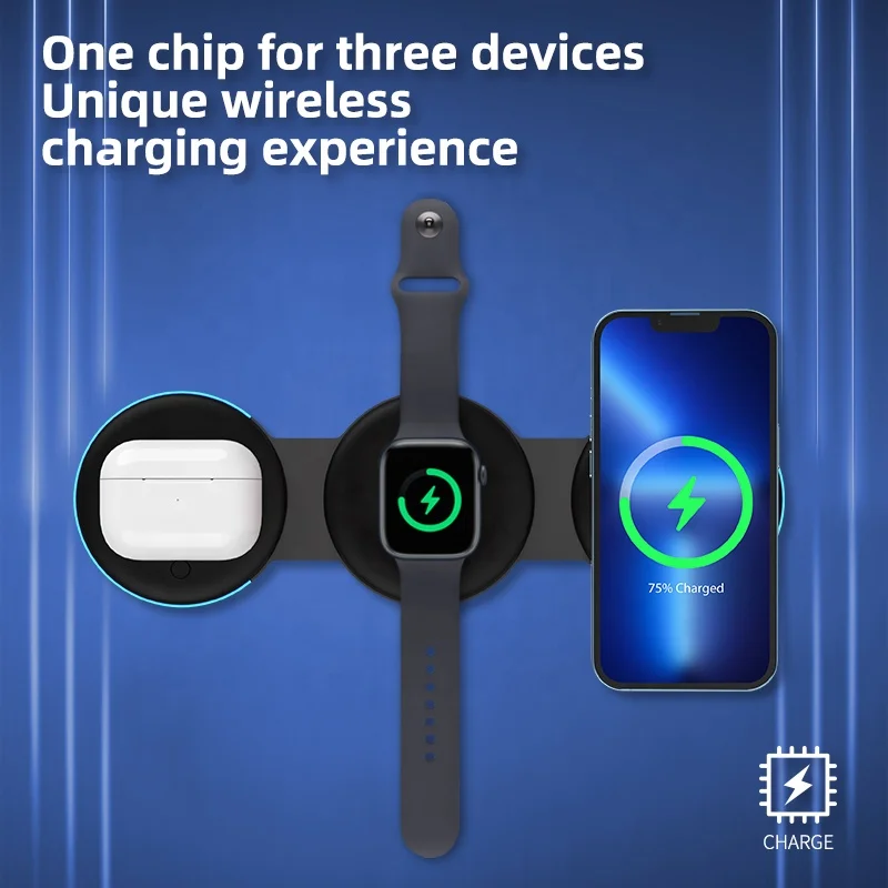 2022 New Products 3 In 1 Folding Magnetic Wireless Charger Portable 15W Fast Wireless Charging For iPhone For Iwatch For AirPods