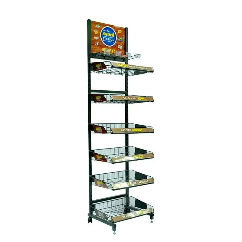 Customized Supermarket Store Wire Snacks Potato Chip Chocolate Grocery Food Biscuit Beef Jerky Stand Metal Shelf Display Rack
