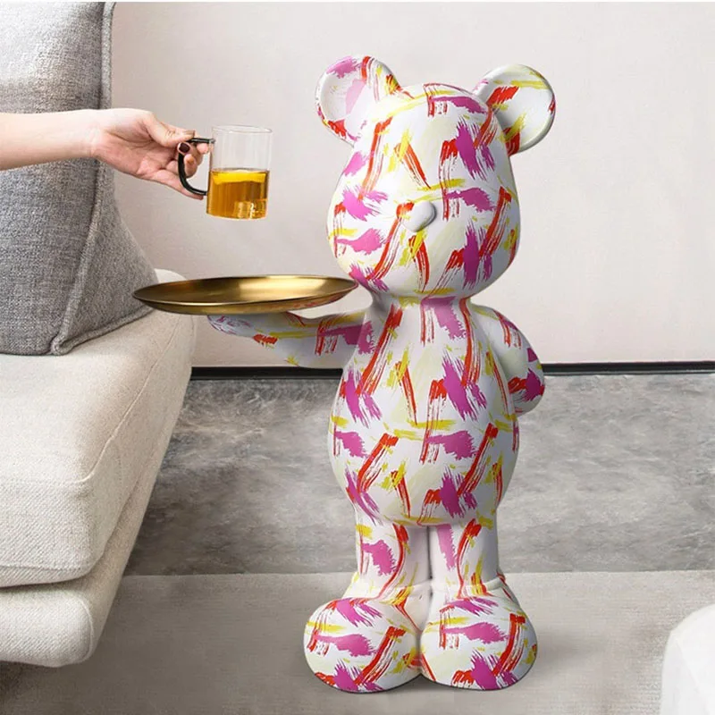 New arrival indoor resin statue cartoon graffiti violent bear figure with tray statue handicraft sculpture