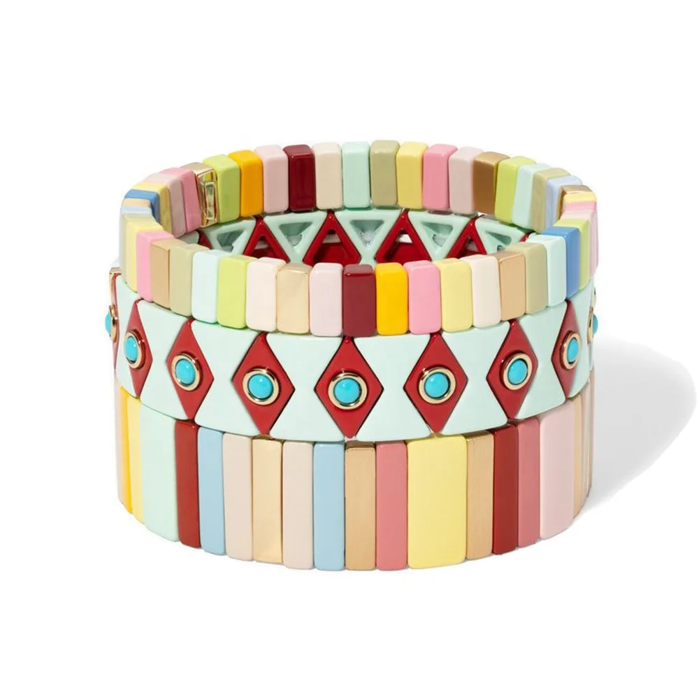 
Wholesale Custom Yellow Blue Gold Rainbow Bracelet Set Hand Bracelets Bangles For Men Enamel Tile Stacked Bracelets Set 