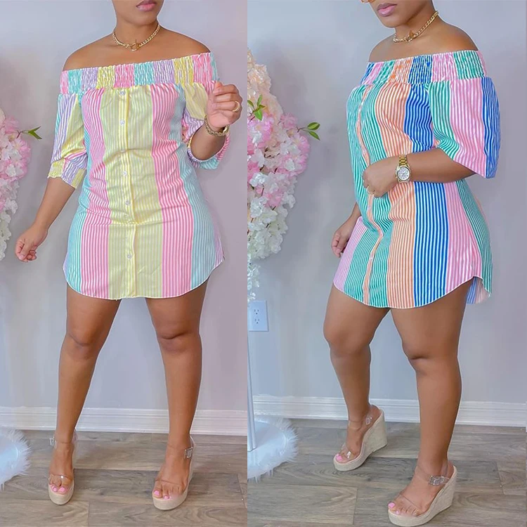 Z48556 Fall New Street Off The Shoulder short Sleeves Striped sun dresses womens elegant casual dresses