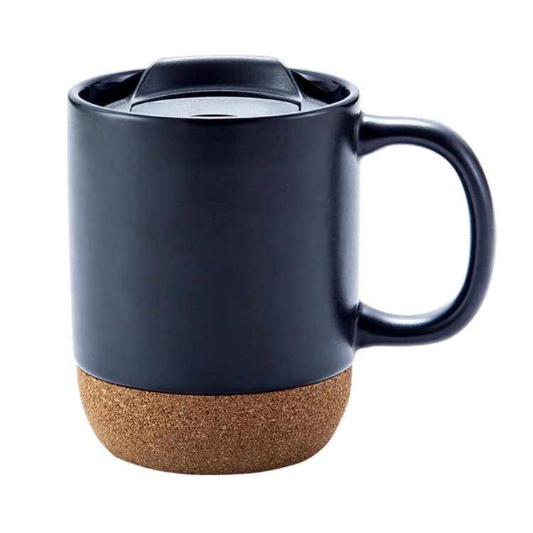 480ML jumbo dishwasher safe plain black ceramic coffee mug with a cork bottom and plastic lid