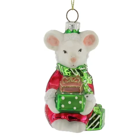 Cute Little Mouse Holding Gift Glass Painted Pendant Christmas Window Scene Arrangement Pendant for Party Decorations