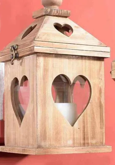 Vintage wind proof rustic wooden lantern with heart  courtyard portable wooden hurricane lantern decoration