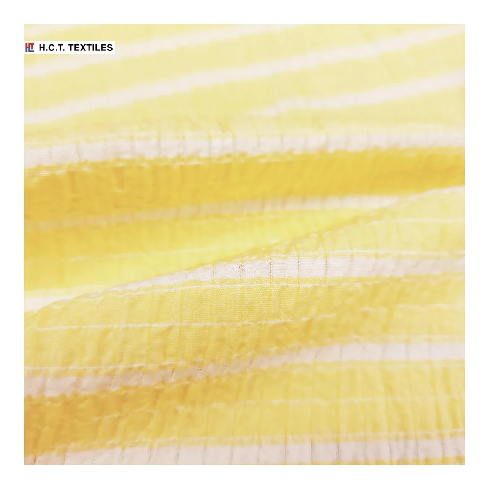 Мягкие желтые белые полосатые тканые ткани 130 г полиэстер вискоза спандекс seersucker для блузки