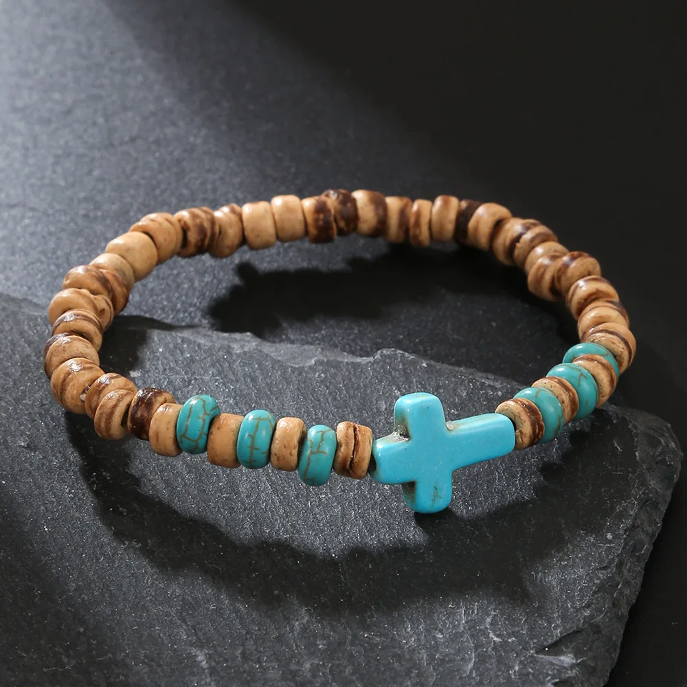Hot Sale Coconut Shell Wood Chip Artificial Turquoise Cross Bracelet Men Hip Hop Handmade Beaded Elastic Wood Bracelet
