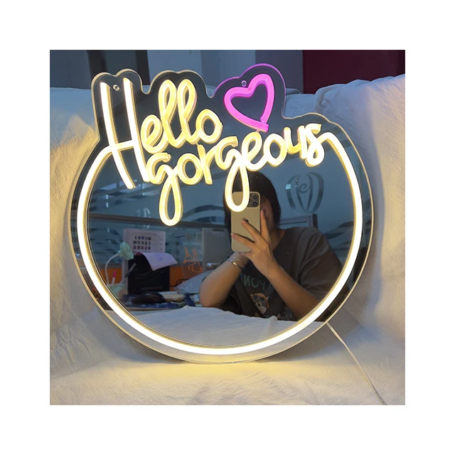 Hello Gorgeous Neon Mirror Sign Custom Acrylic Mirror Lamp Wall-Mounted Led Neon Night Light