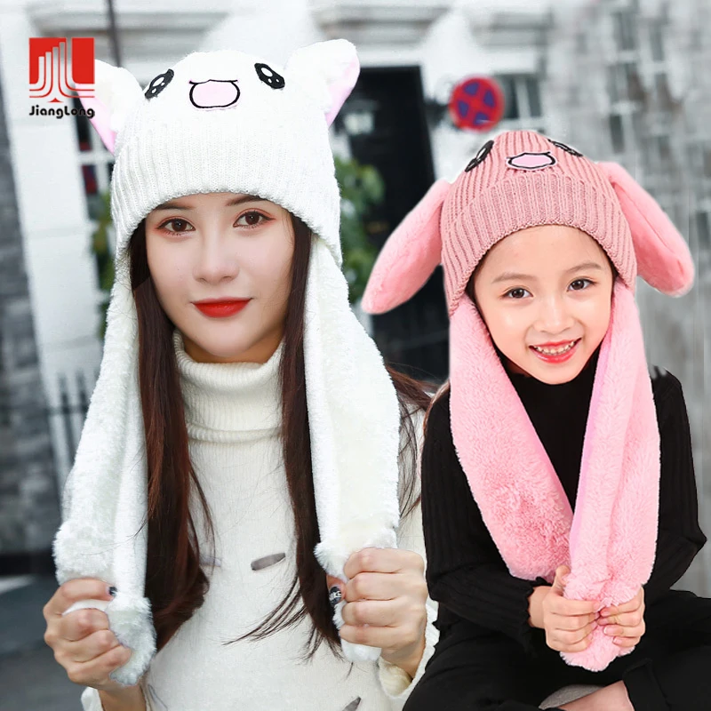 Air Pumping Moving Ears Plush Lovely Soft Rabbit Animated Cap Plush Cute Cap Knitted Mommy and Me Baby Kids Making Bunny Hats