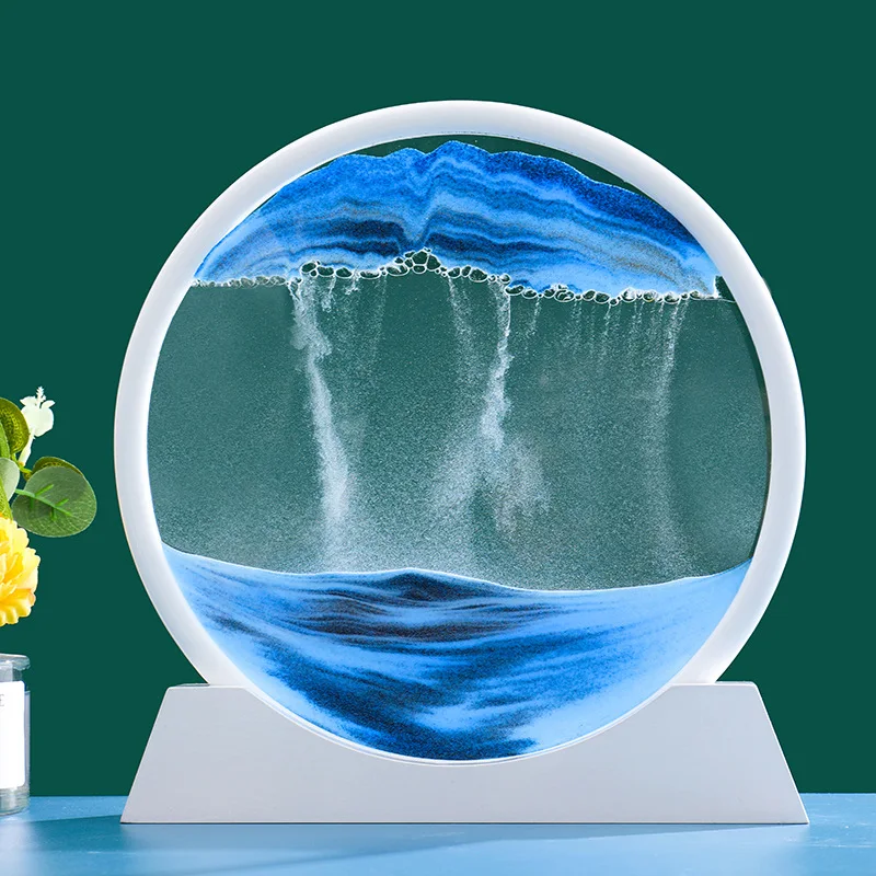 Wooden Base 3D 7 Inch Moving Sandscape Art Hourglass Painting For Home Decoration And Office