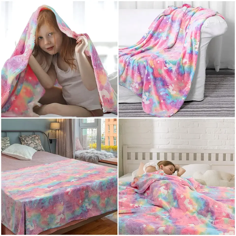 Custom Pink Luminous Unicorn Pattern Super Soft Plush Glow In The Dark  Fabric Throw Flannel Blanket For Boys Girls Kids