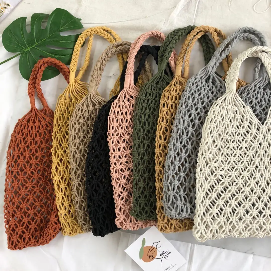 High Quality Knit High Capacity Luxury Hollow out Grid Wholesale Straw Beach Bags Rattan Beach Bag Tote Beach Bag