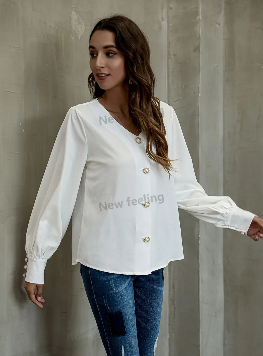 White Blouse Office Wear Women V Neck Lantern Long Sleeves Women Shirt Latest Design Ladies Office Blouses