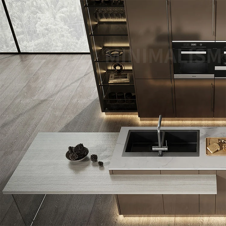 Manufacturer Dust Proof Modern Open French Island Design Complete Metal Laminate Glossy Kitchen Cabinets