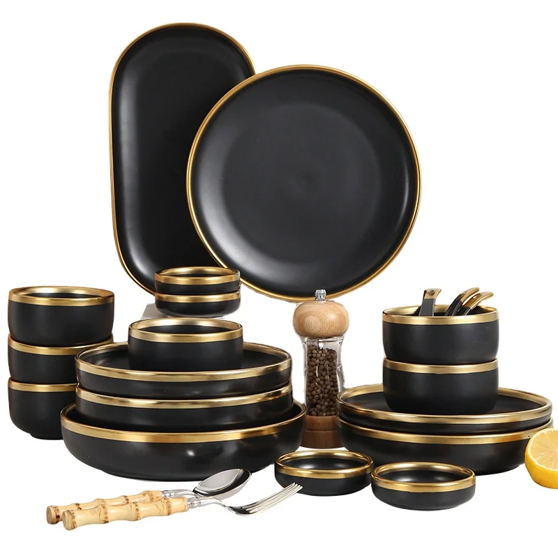 Steak Plate Tableware Ceramics Dinner Set Gold Pottery Porcelain Best Fine Nordic Luxury Living Dining Room Black For 6 Users