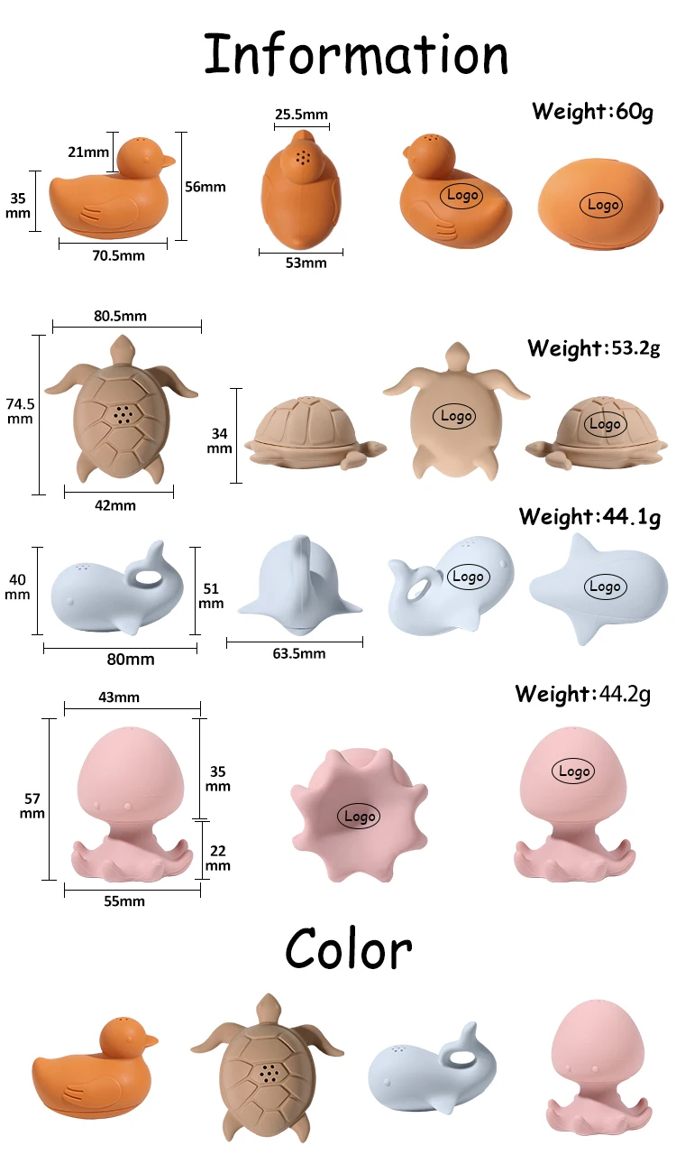 Custom Animal Silicon Baby Bath Toys Infant Child Bpa Free Soft Mold Bath Tub Toy Animal Kid Baby Spray Water Silicone Bath Toys
