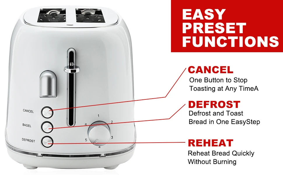 Toaster 2 Slice, Projection Toasters with Bagel, Cancel, Defrost Function and 6 Bread Shade Settings