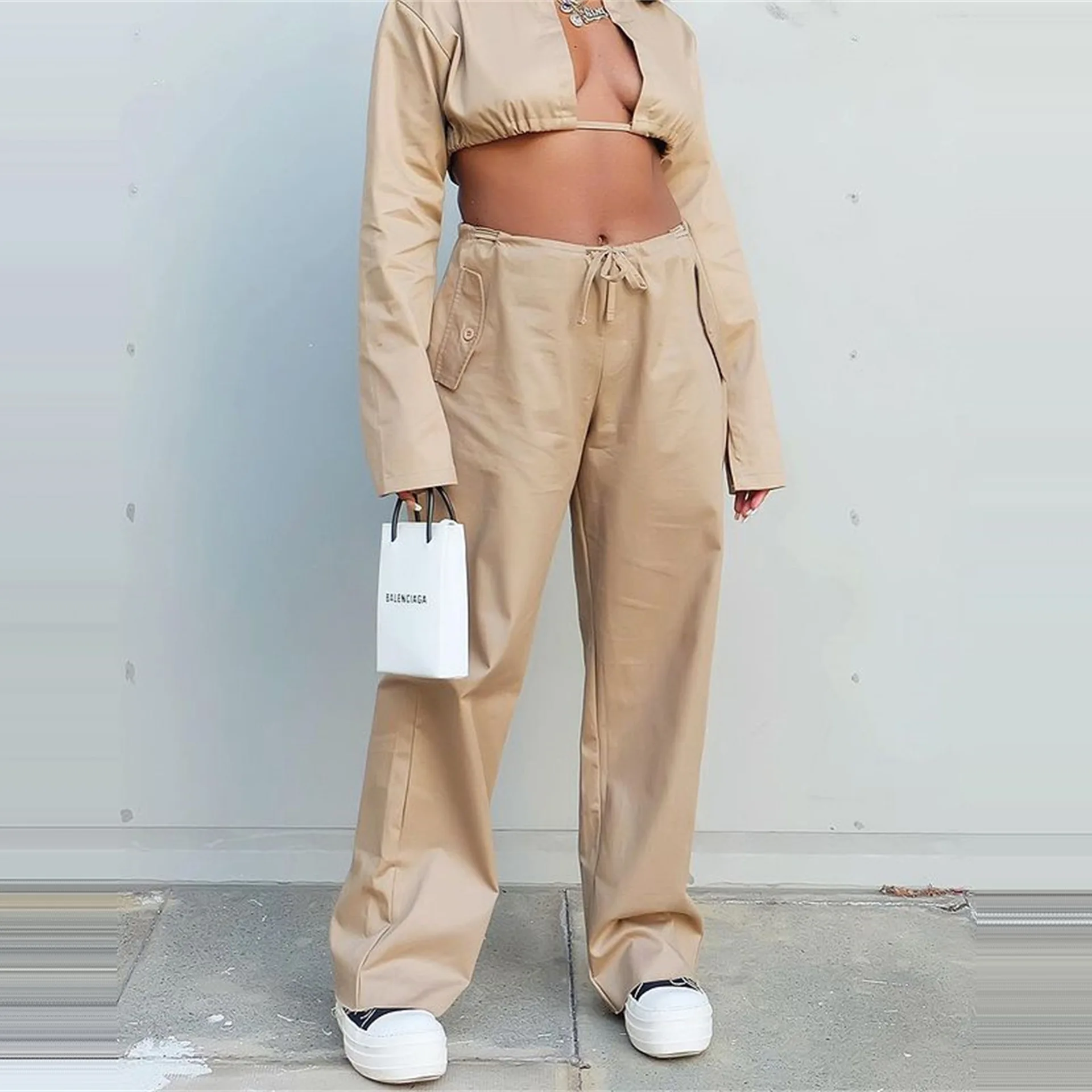 S9812-boutique clothing women solid fall streetwear drawstring shirt and pants sets women