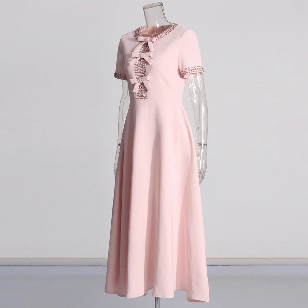 TWOTWINSTYLE 2024 New Arrivals Nail Drill Bow Short Sleeved High Waist a Line Elegant Dress for Women