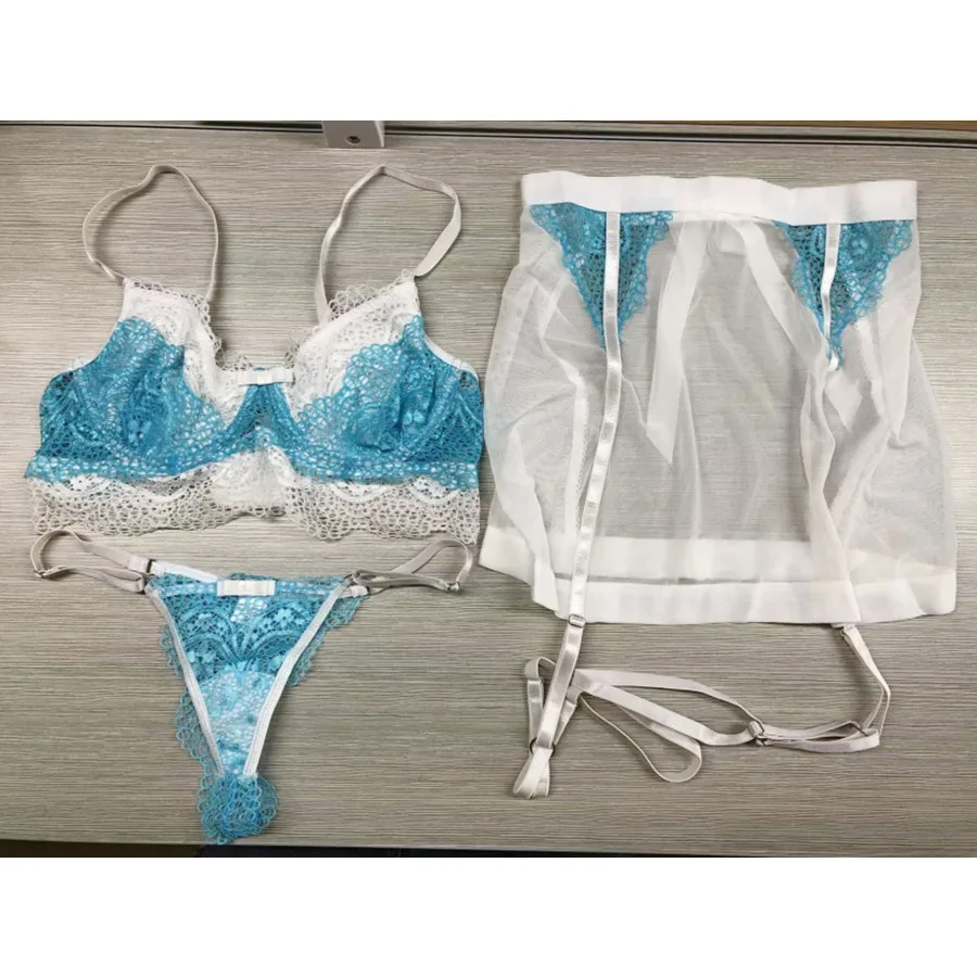 New Arrival Sexy Transparent Lace Women Lingerie Pantie Three Piece Set Mature Embroidery Women Underwear Sets