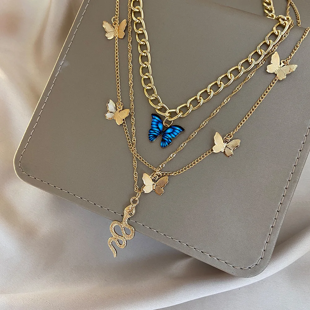 2022 Fashion Retro Long Adjustable Gold Plated Necklace Blue Snake Multilayer Necklace Three Floors Butterfly Necklace for Women
