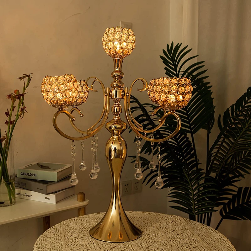 5 Arms Glass Candle Holders Candelabra Crystal Metal Candlesticks Stand Wedding Party Decorative Dining Room Table Centerpieces
