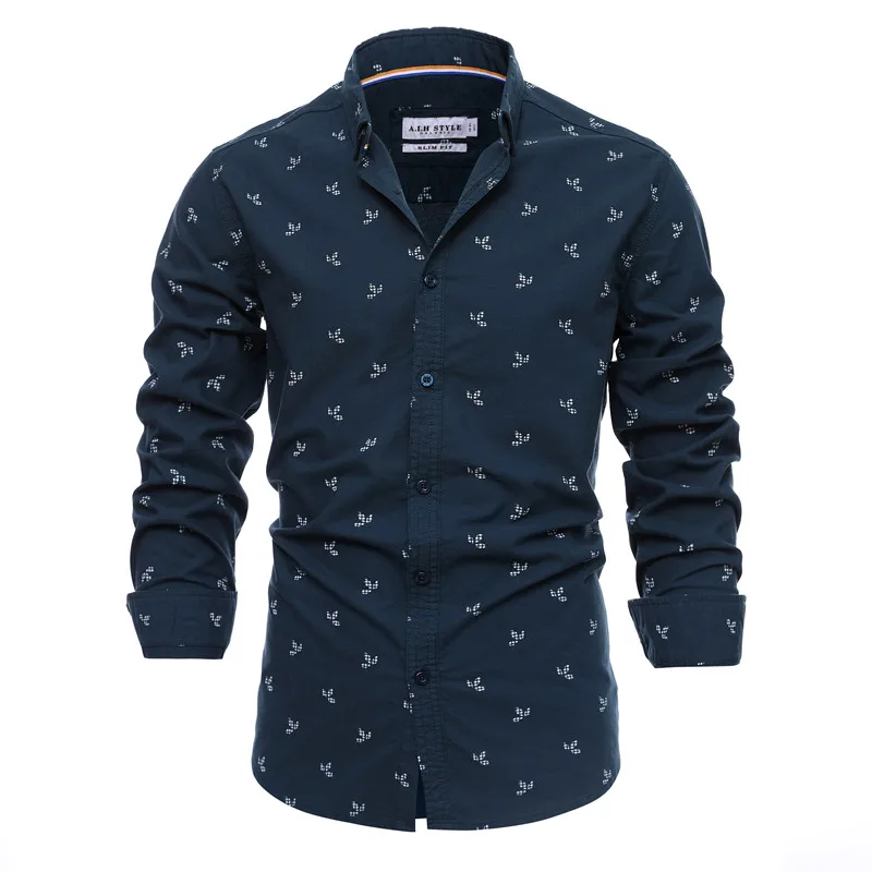 Men Printed 100% Cotton Casual Slim Fit Lapel Long Sleeve Spring High Quality Oxford Shirt