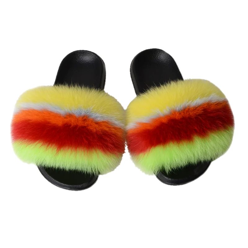 
wholesale fur slippers custom soft fluffy fur slides mixed color fur slippers women 