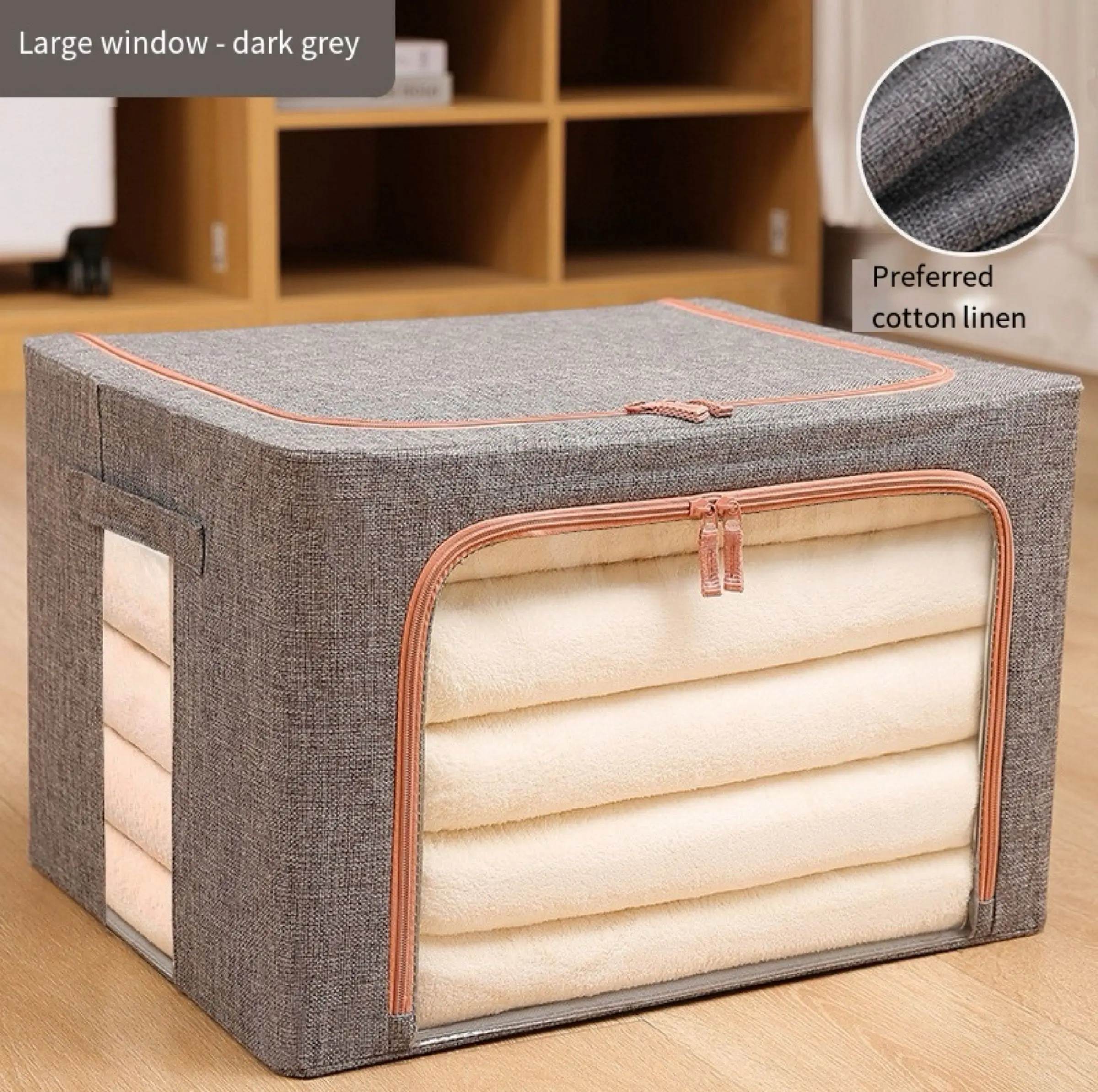 66L Custom Logo Cotton And Linen Folding Fabric Storage Boxes Large Moving Crushed Steel Frame Clothes Quilt Toy Organizer