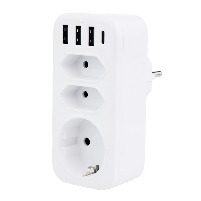 European wall socket Germany Universal 16A 3USB Extension Socket 1typeC Adapter 3way EU Standard Plug Outlet USB Power Strip