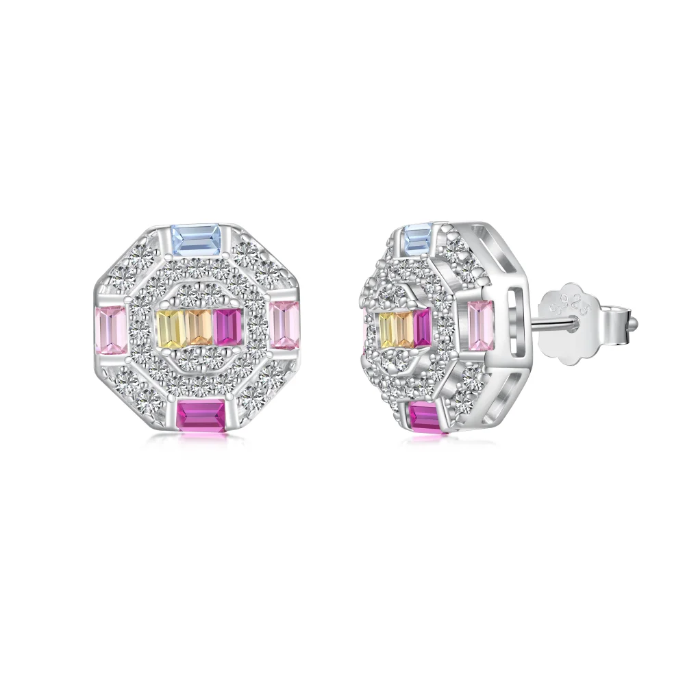 DYLAM Rainbow Baguette Fine Fashion Jewelry Jewellery S925 Silver Hypoallergenic Octagon 5A Zirconia Dress Up Stud Earrings