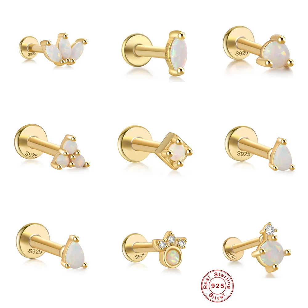 14k gold plated Teardrop Gemstone Shape Mini 925 sterling silver zircon Piercing thread Opal stud earrings