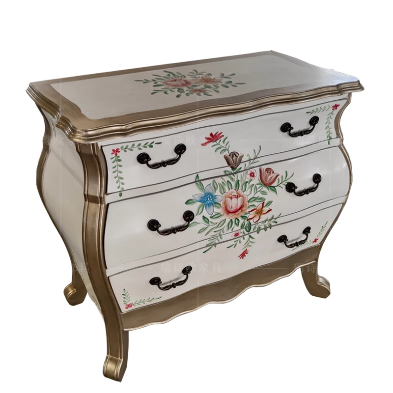Antique French-Style Solid Wood Green Chest of Drawers Living Room Furniture with Wooden Drawing Cabinets