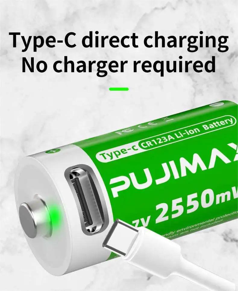 PUJIMAX 2PCS 2550mWh CR123A New Models Suction Card Packing Rechargeable Li ion Batteries 3.7V USB C Charging Lithium Batteries