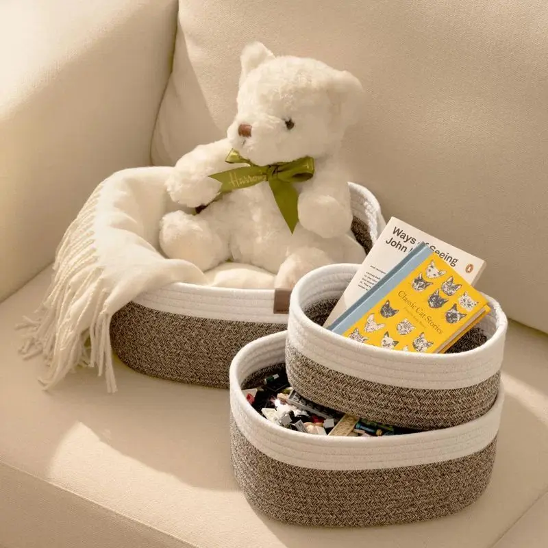 3-Piece Cotton Rope Woven Basket for Bathroom Shelve Nursery Decorative Basket Organizer Bins Storage Baskets for Organizing