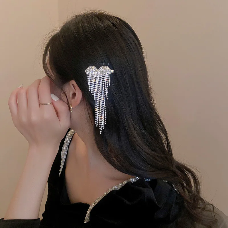 2022 New Fashion Rhinestone Heart Hair Pins Luxury Rhinestone Hair Accessories Clips Bow Heart Tassel Hair Clips for Women