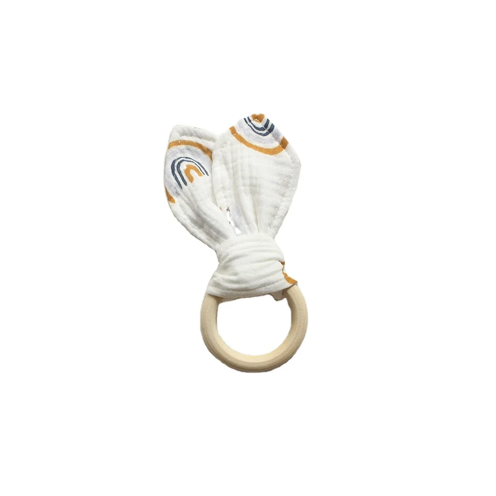 Ins Baby Rabbit Ear Bite Ring Cotton Wooden Teething Ring Baby Hand Grasp Training Toy Customize