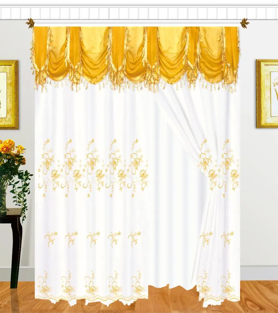 Fancy Sheer 2 Panel Rod Pocket Embroidery Curtains with Attached Valance and 100%  polyester Backing for Living Room,