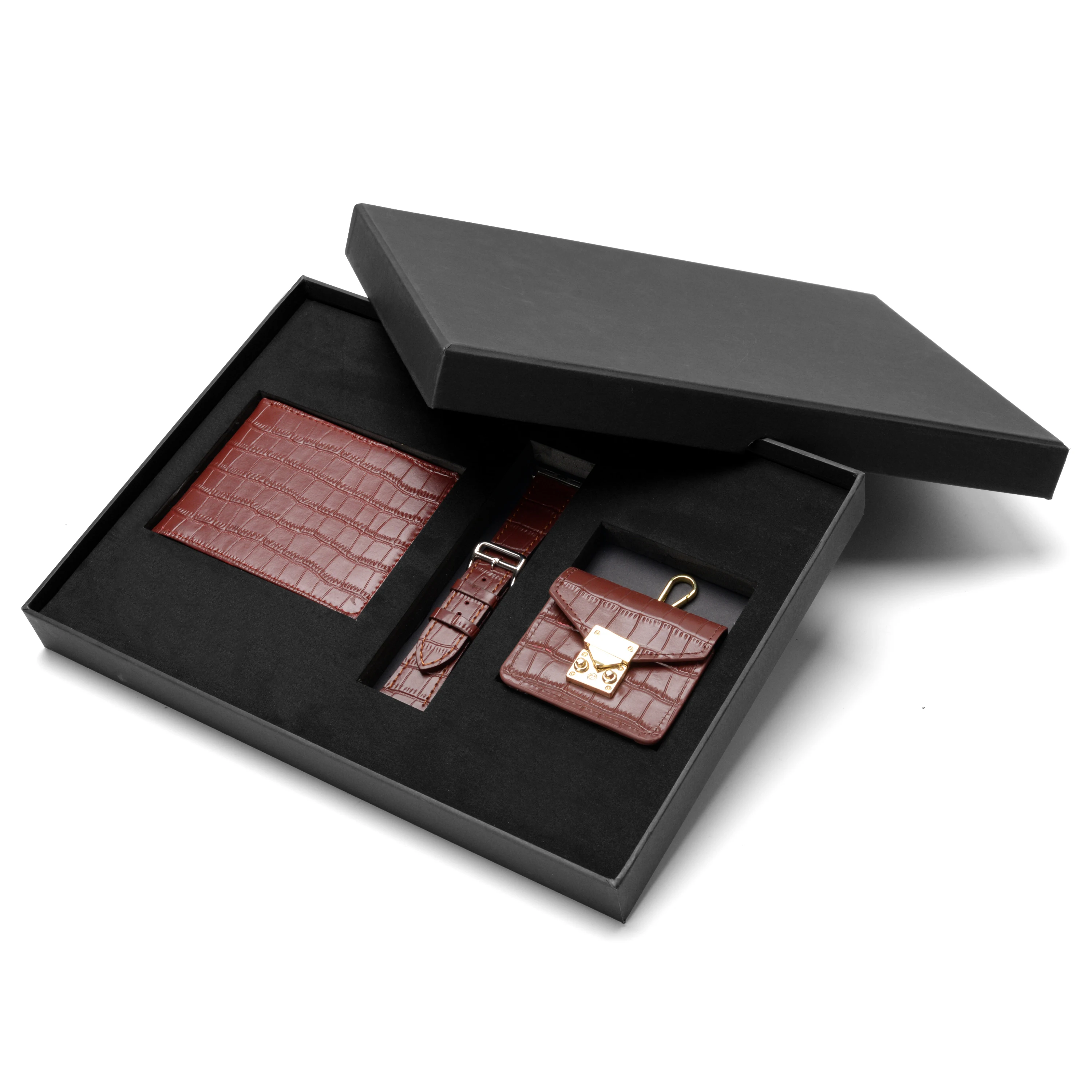 Brown Crocodile Pattern Leather Wallet 3 Piece Set With Wallet Headphone Cover and Watch Band Birthday Purse Gift Set